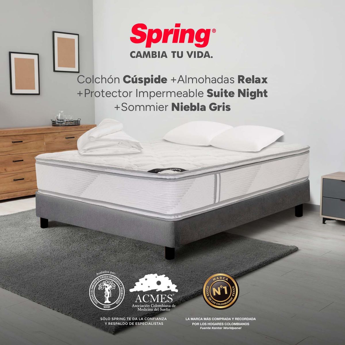 COLCHONES SPRING - Colchón Spring Semidoble Con Base Cama Firme Espumado Cuspide 120 x 190 cm + Almohada + Protector