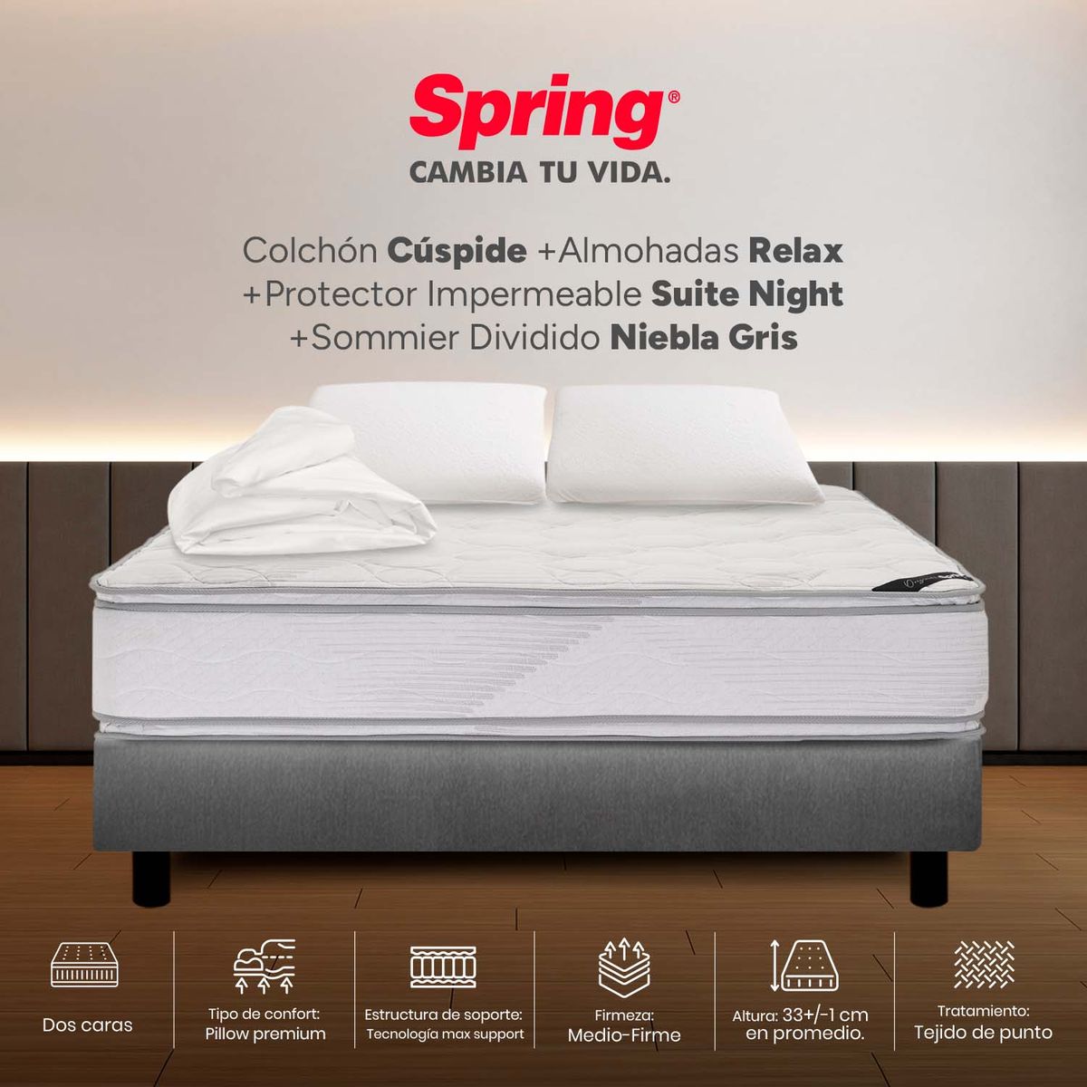 COLCHONES SPRING - Colchón Spring King Con Base Cama Firme Espumado Cuspide 200 x 200 cm + 2 Almohadas + Protector