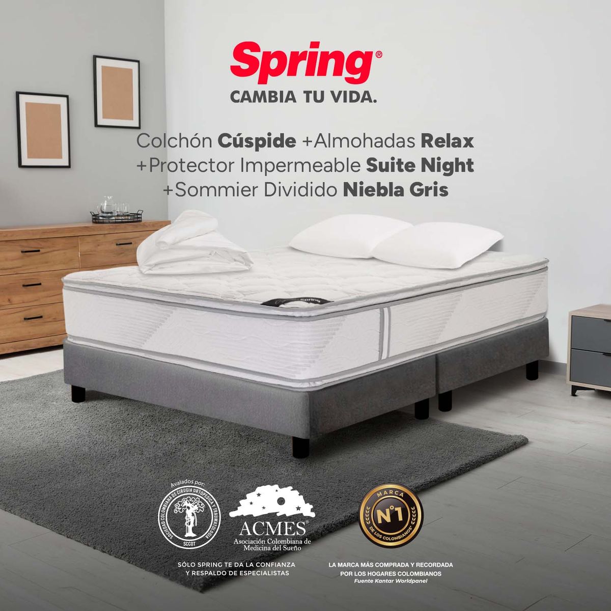 COLCHONES SPRING - Colchón Spring King Con Base Cama Firme Espumado Cuspide 200 x 200 cm + 2 Almohadas + Protector