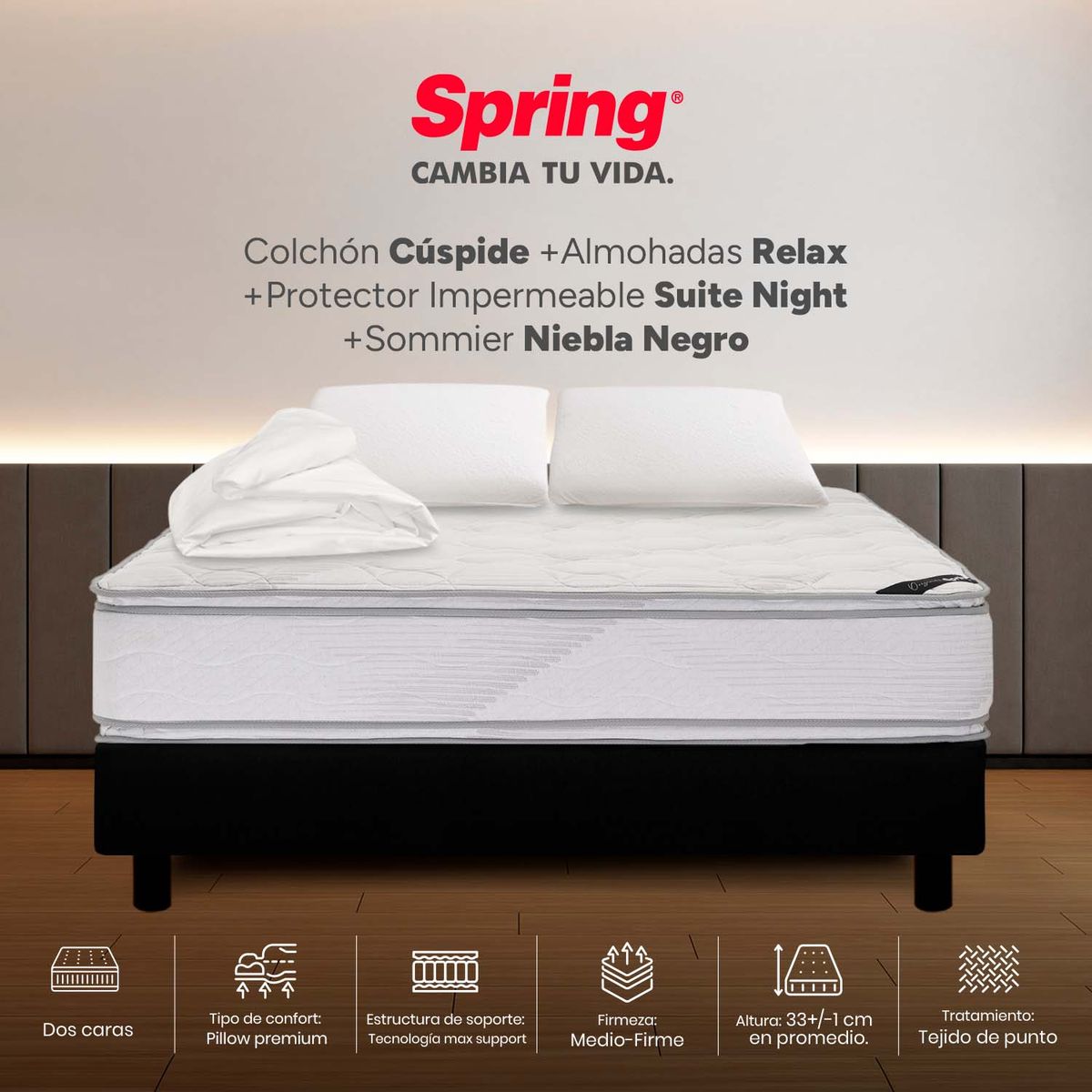 COLCHONES SPRING - Colchón Spring Doble Con Base Cama Firme Espumado Cuspide 140 x 190 cm + 2 Almohadas + Protector