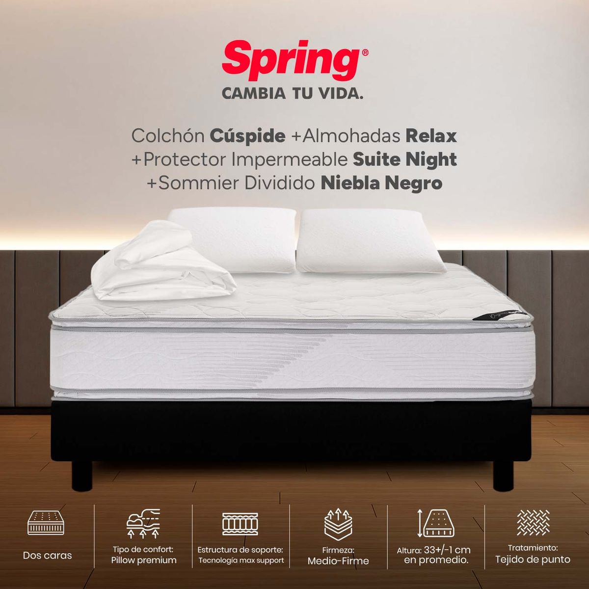 COLCHONES SPRING - Colchón Spring King Con Base Cama Firme Espumado Cuspide 200 x 200 cm + 2 Almohadas + Protector