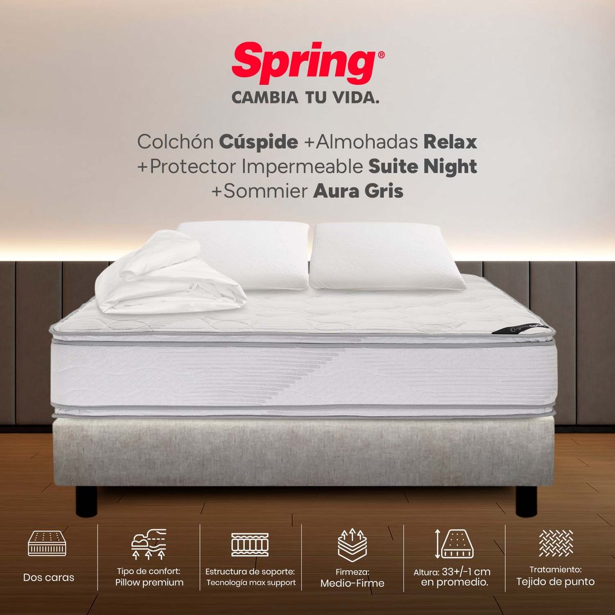 COLCHONES SPRING - Colchón Spring Semidoble Con Base Cama Firme Espumado Cuspide 120 x 190 cm + Almohada + Protector