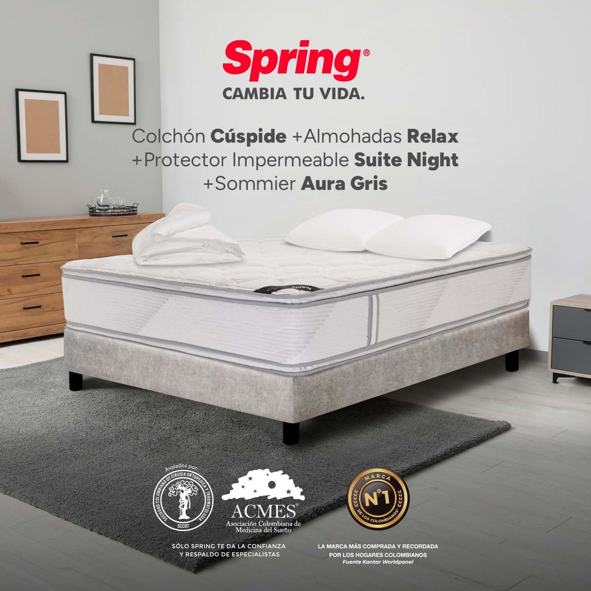 COLCHONES SPRING - Colchón Spring Semidoble Con Base Cama Firme Espumado Cuspide 120 x 190 cm + Almohada + Protector