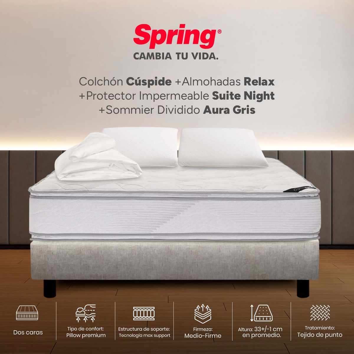COLCHONES SPRING - Colchón Spring Doble Con Base Cama Firme Espumado Cuspide 140 x 190 cm + 2 Almohadas + Protector