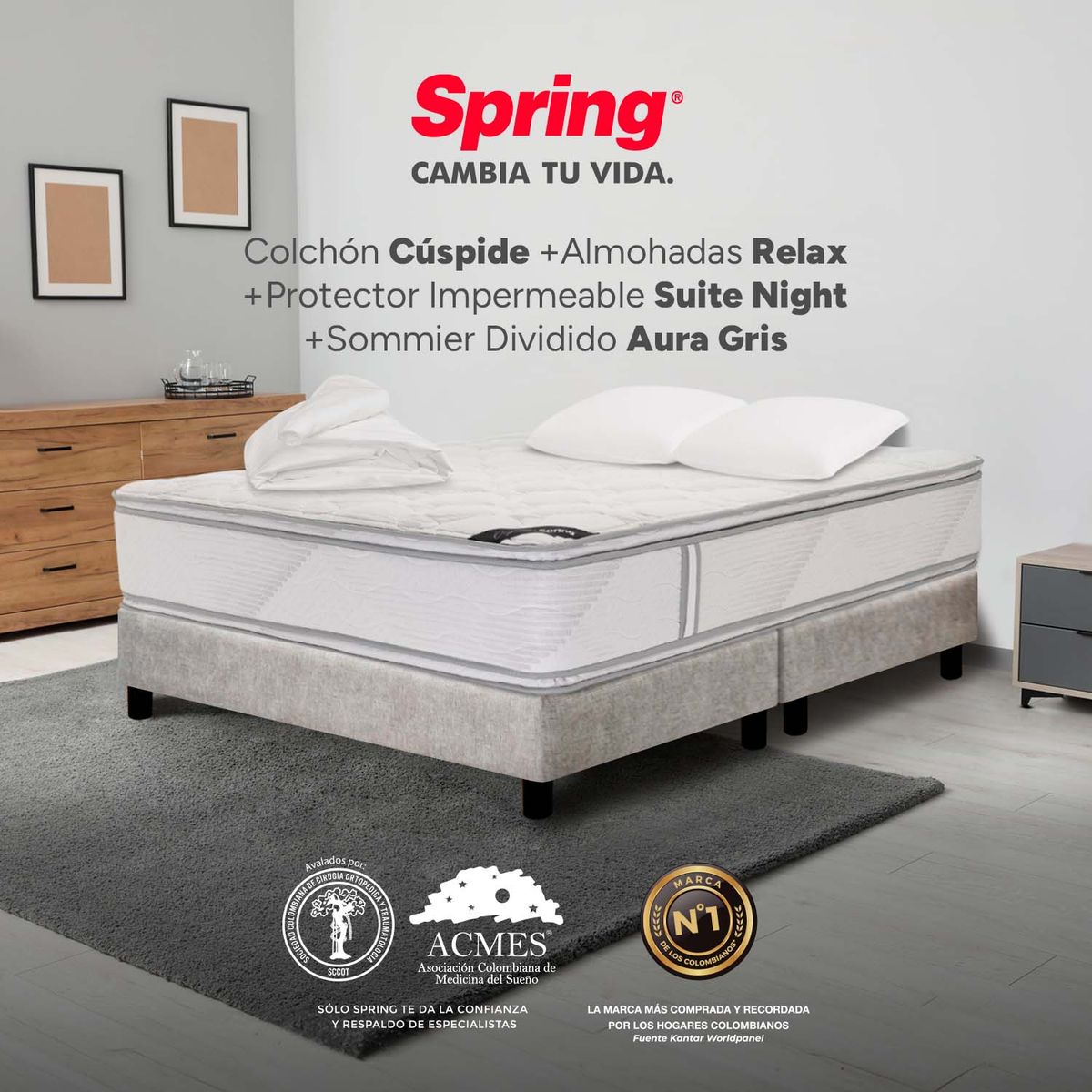 COLCHONES SPRING - Colchón Spring Doble Con Base Cama Firme Espumado Cuspide 140 x 190 cm + 2 Almohadas + Protector