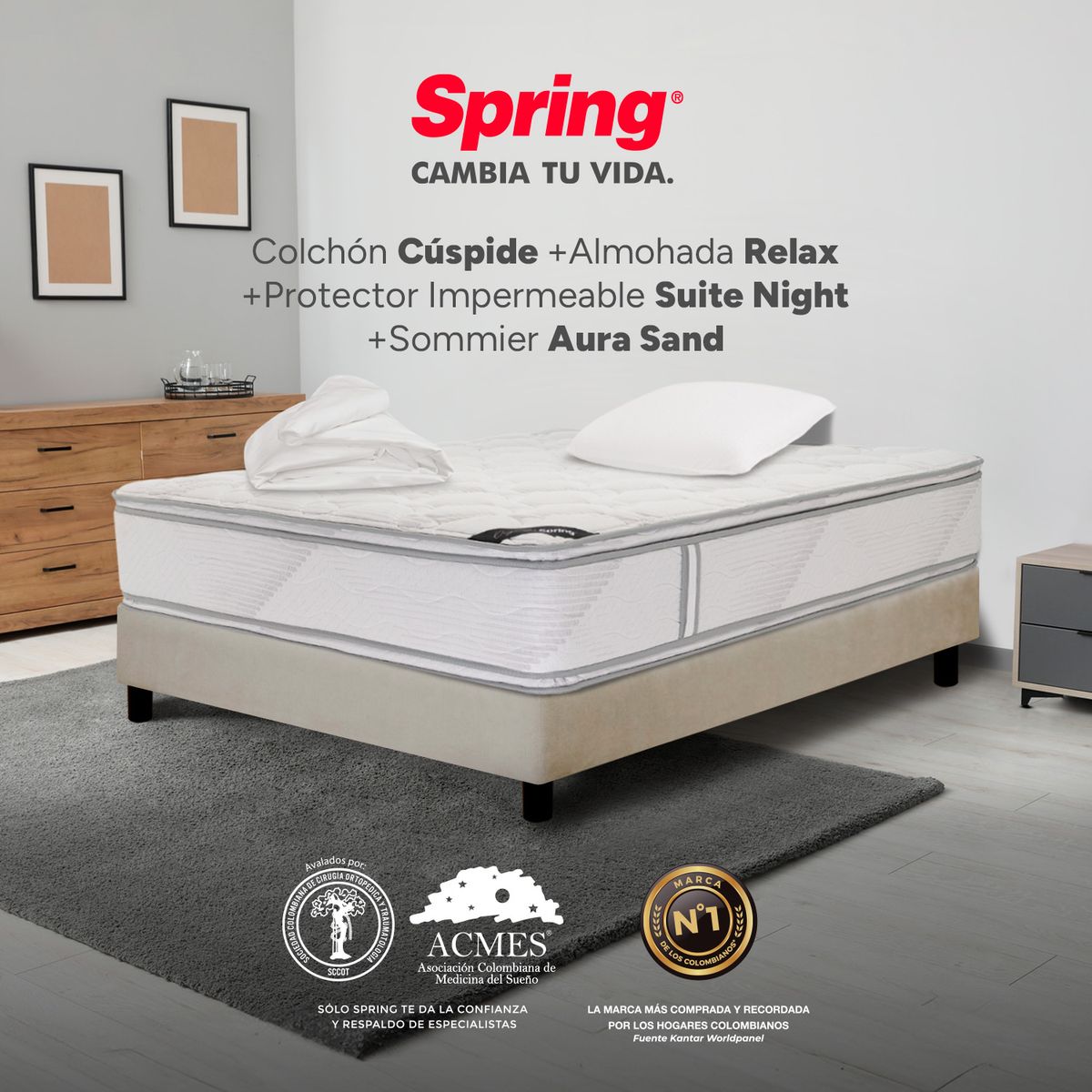 COLCHONES SPRING - Colchón Spring Sencillo Con Base Cama Firme Espumado Cuspide 100 x 190 cm + Almohada + Protector