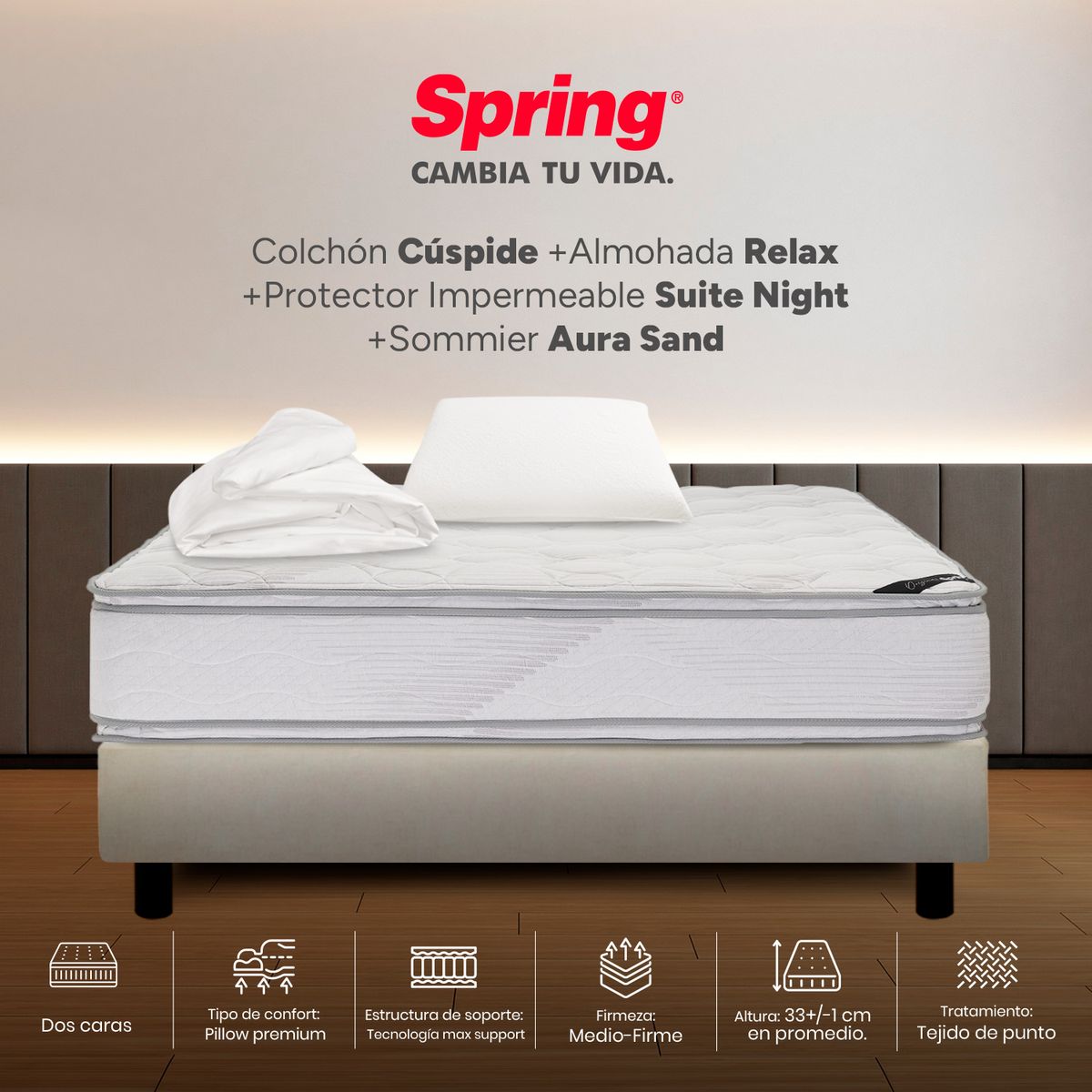 COLCHONES SPRING - Colchón Spring Semidoble Con Base Cama Firme Espumado Cuspide 120 x 190 cm + Almohada + Protector