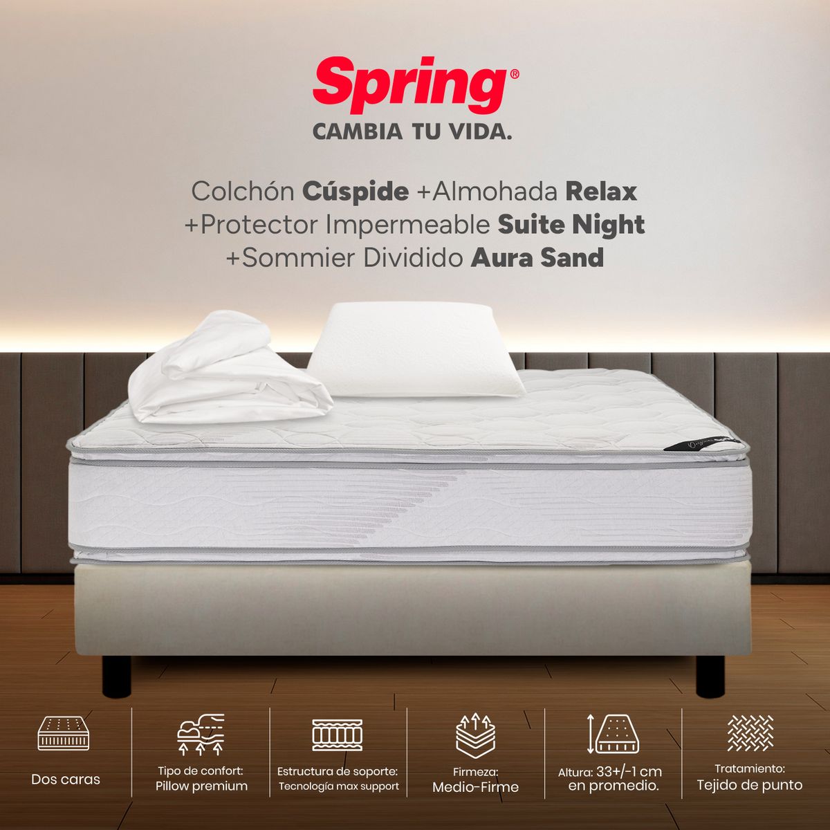 COLCHONES SPRING - Colchón Spring Semidoble Con Base Cama Firme Espumado Cuspide 120 x 190 cm + Almohada + Protector