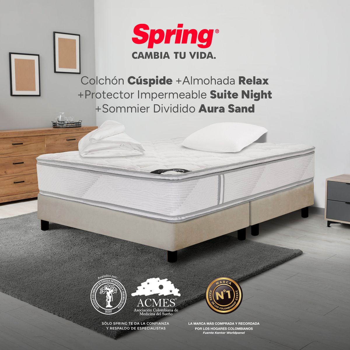 COLCHONES SPRING - Colchón Spring Semidoble Con Base Cama Firme Espumado Cuspide 120 x 190 cm + Almohada + Protector