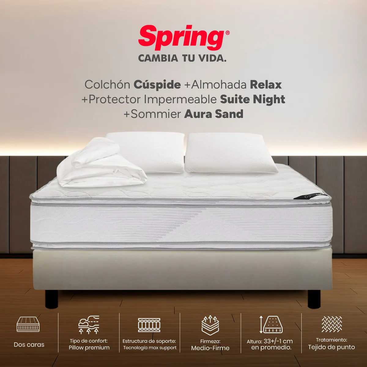 COLCHONES SPRING - Colchón Spring Doble Con Base Cama Firme Espumado Cuspide 140 x 190 cm + 2 Almohadas + Protector