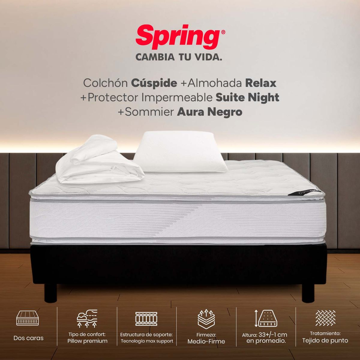 COLCHONES SPRING - Colchón Spring Sencillo Con Base Cama Firme Espumado Cuspide 100 x 190 cm + Almohada + Protector