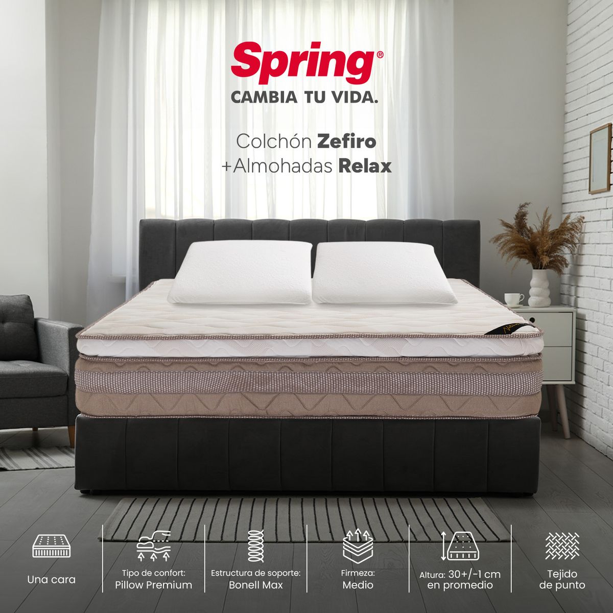 COLCHONES SPRING - Colchón Spring Doble Firmeza Media Ortopédico Resortado Zefiro 140 x 190 cm + 2 Almohadas