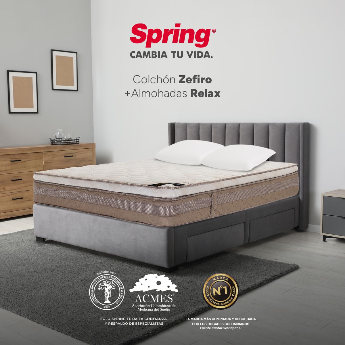 COLCHONES SPRING - Colchón Spring Doble Firmeza Media Ortopédico Resortado Zefiro 140 x 190 cm + 2 Almohadas