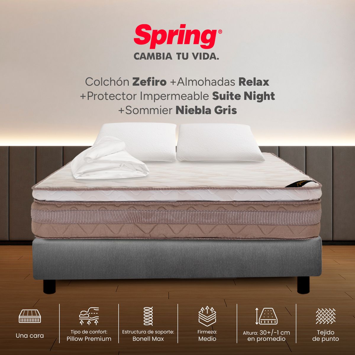 COLCHONES SPRING - Colchón Spring Doble Con Base Cama Firmeza Media Ortopédico Resortado Zefiro 140 x 190 cm + 2 Almohadas + Protector