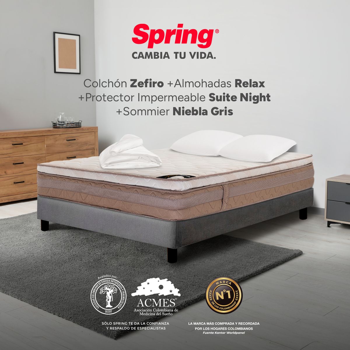 COLCHONES SPRING - Colchón Spring Doble Con Base Cama Firmeza Media Ortopédico Resortado Zefiro 140 x 190 cm + 2 Almohadas + Protector
