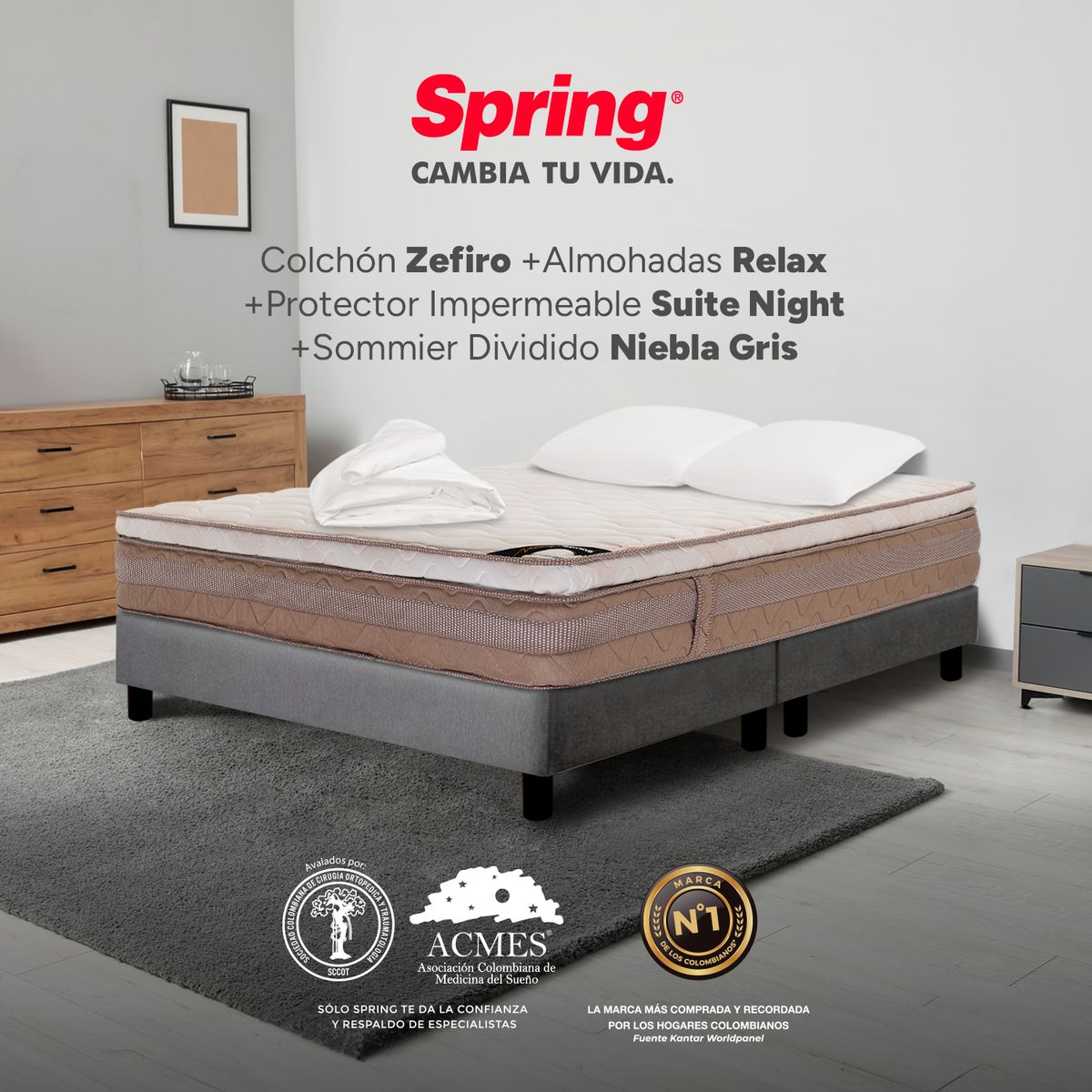 COLCHONES SPRING - Colchón Spring Doble Con Base Cama Firmeza Media Ortopédico Resortado Zefiro 140 x 190 cm + 2 Almohadas + Protector