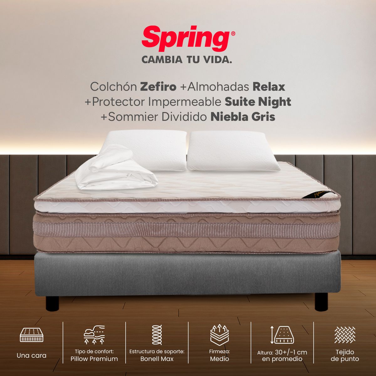 COLCHONES SPRING - Colchón Spring King Con Base Cama Firmeza Media Ortopédico Resortado Zefiro 200 x 200 cm + 2 Almohadas + Protector