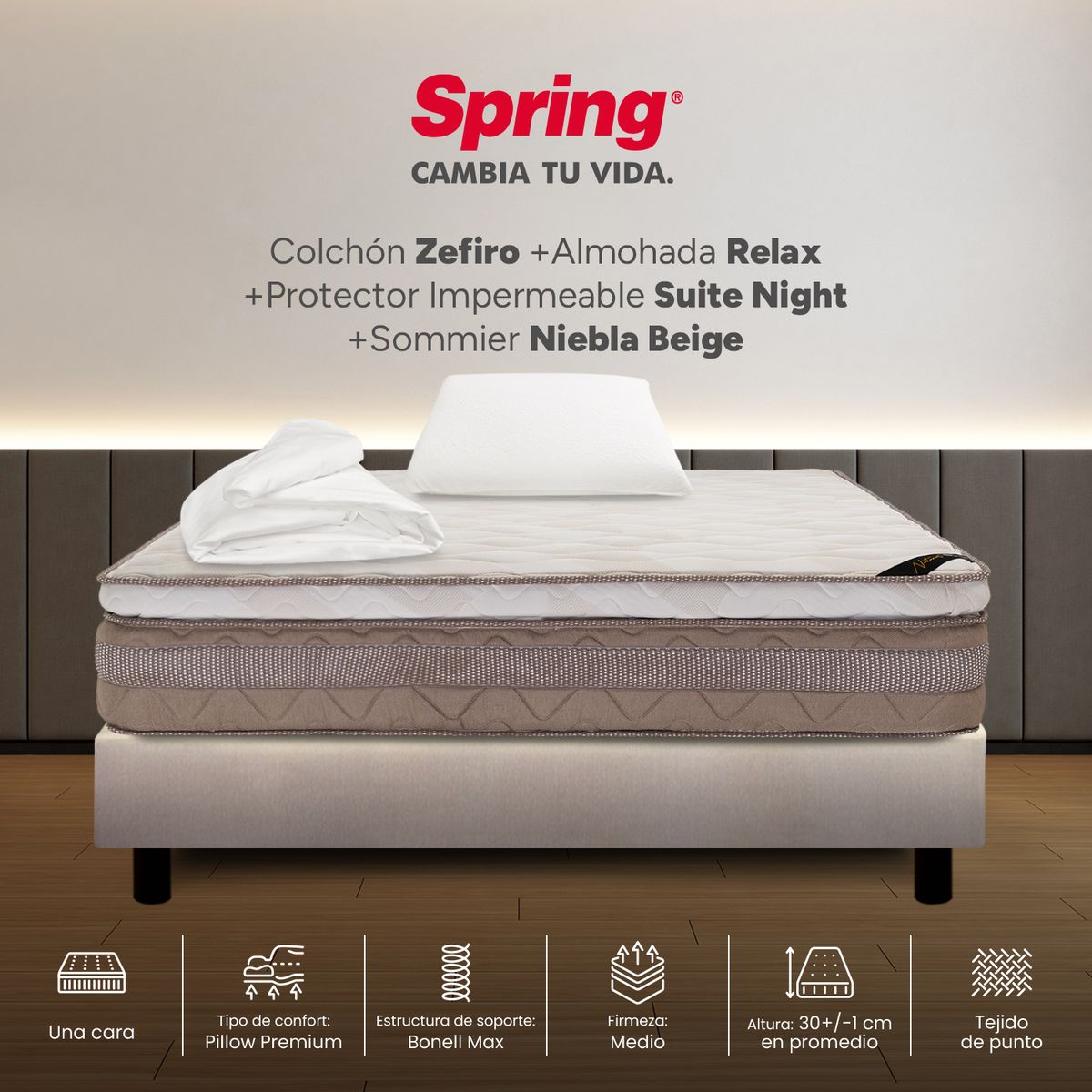 COLCHONES SPRING - Colchón Spring Sencillo Con Base Cama Firmeza Media Ortopédico Resortado Zefiro 100 x 190 cm + Almohada + Protector
