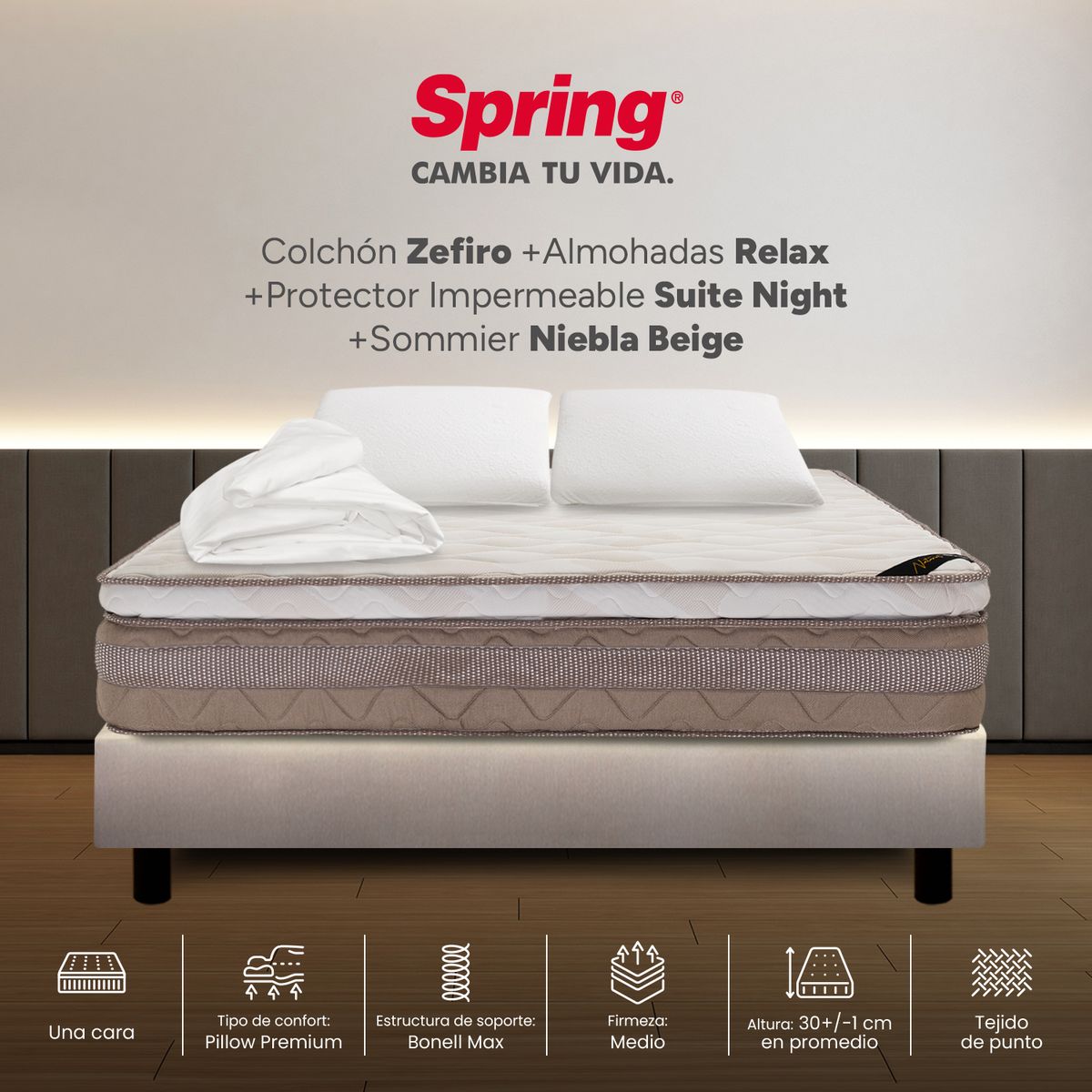 COLCHONES SPRING - Colchón Spring Semidoble Con Base Cama Firmeza Media Ortopédico Resortado Zefiro 120 x 190 cm + Almohada + Protector