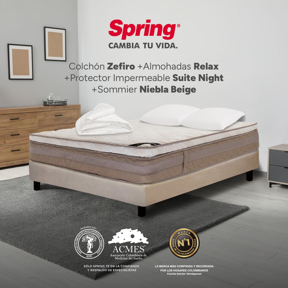 COLCHONES SPRING - Colchón Spring Semidoble Con Base Cama Firmeza Media Ortopédico Resortado Zefiro 120 x 190 cm + Almohada + Protector