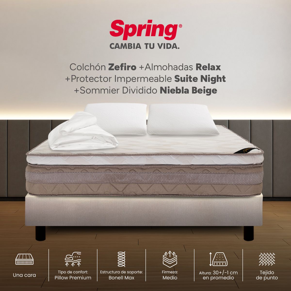 COLCHONES SPRING - Colchón Spring Doble Con Base Cama Firmeza Media Ortopédico Resortado Zefiro 140 x 190 cm + 2 Almohadas + Protector