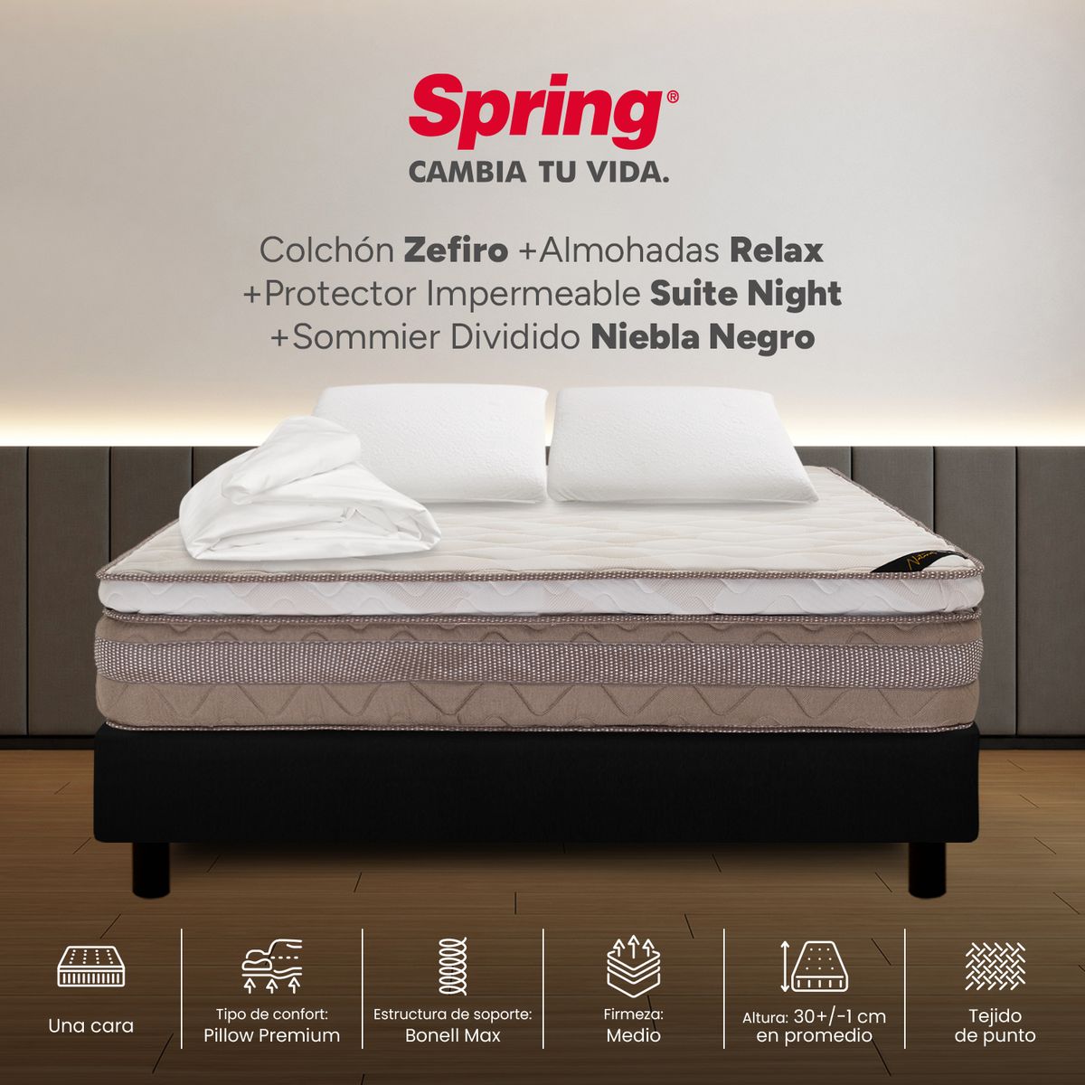 COLCHONES SPRING - Colchón Spring Semidoble Con Base Cama Firmeza Media Ortopédico Resortado Zefiro 120 x 190 cm + Almohada + Protector