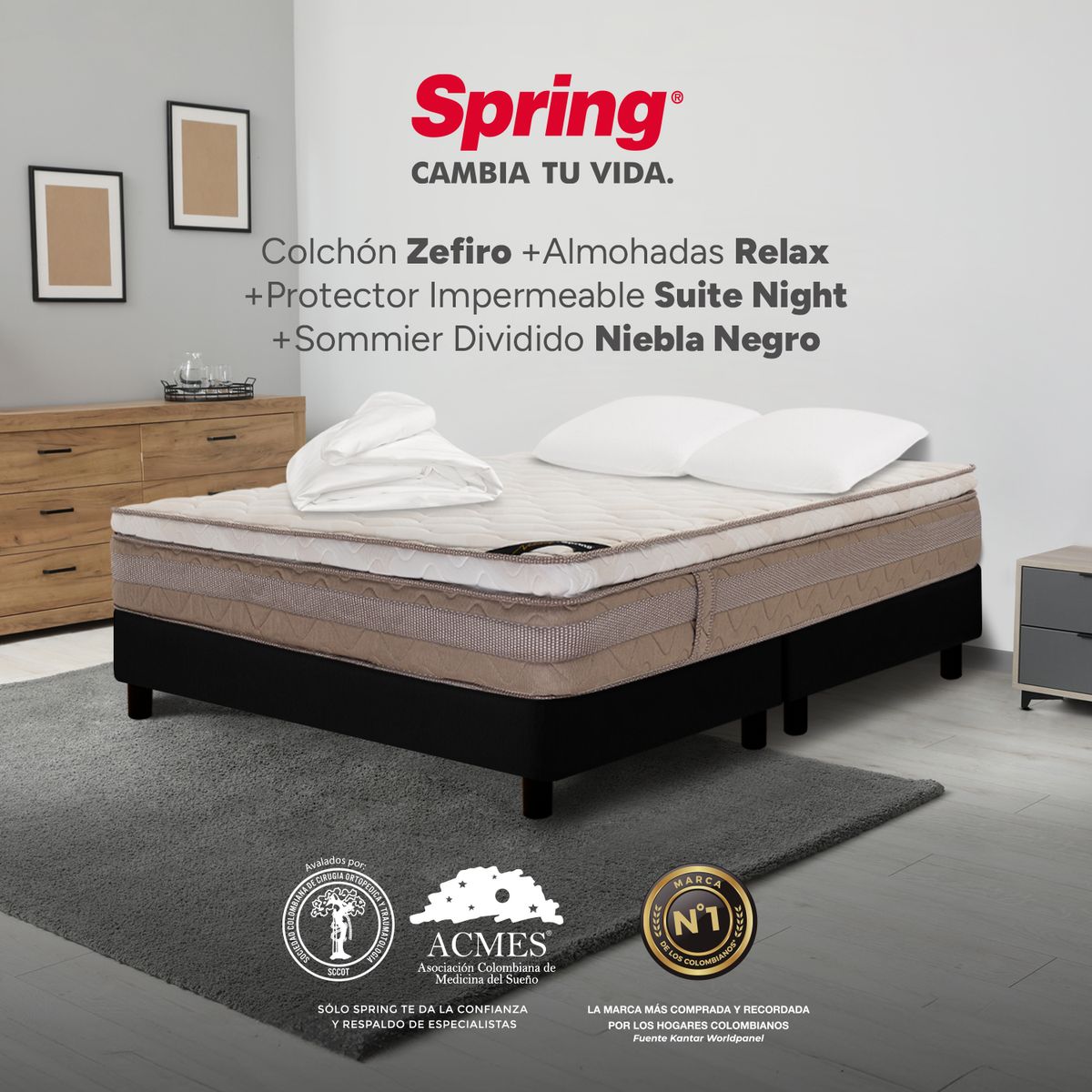 COLCHONES SPRING - Colchón Spring Semidoble Con Base Cama Firmeza Media Ortopédico Resortado Zefiro 120 x 190 cm + Almohada + Protector