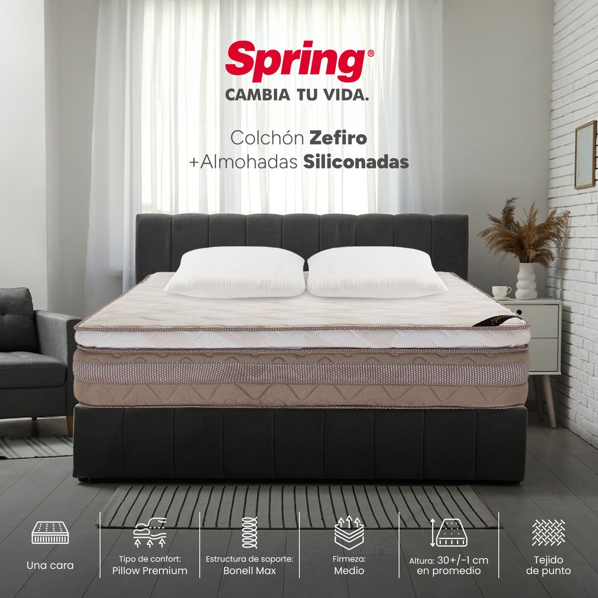 COLCHONES SPRING - Colchón Spring Doble Firmeza Media Ortopédico Resortado Zefiro 140 x 190 cm + 2 Almohadas
