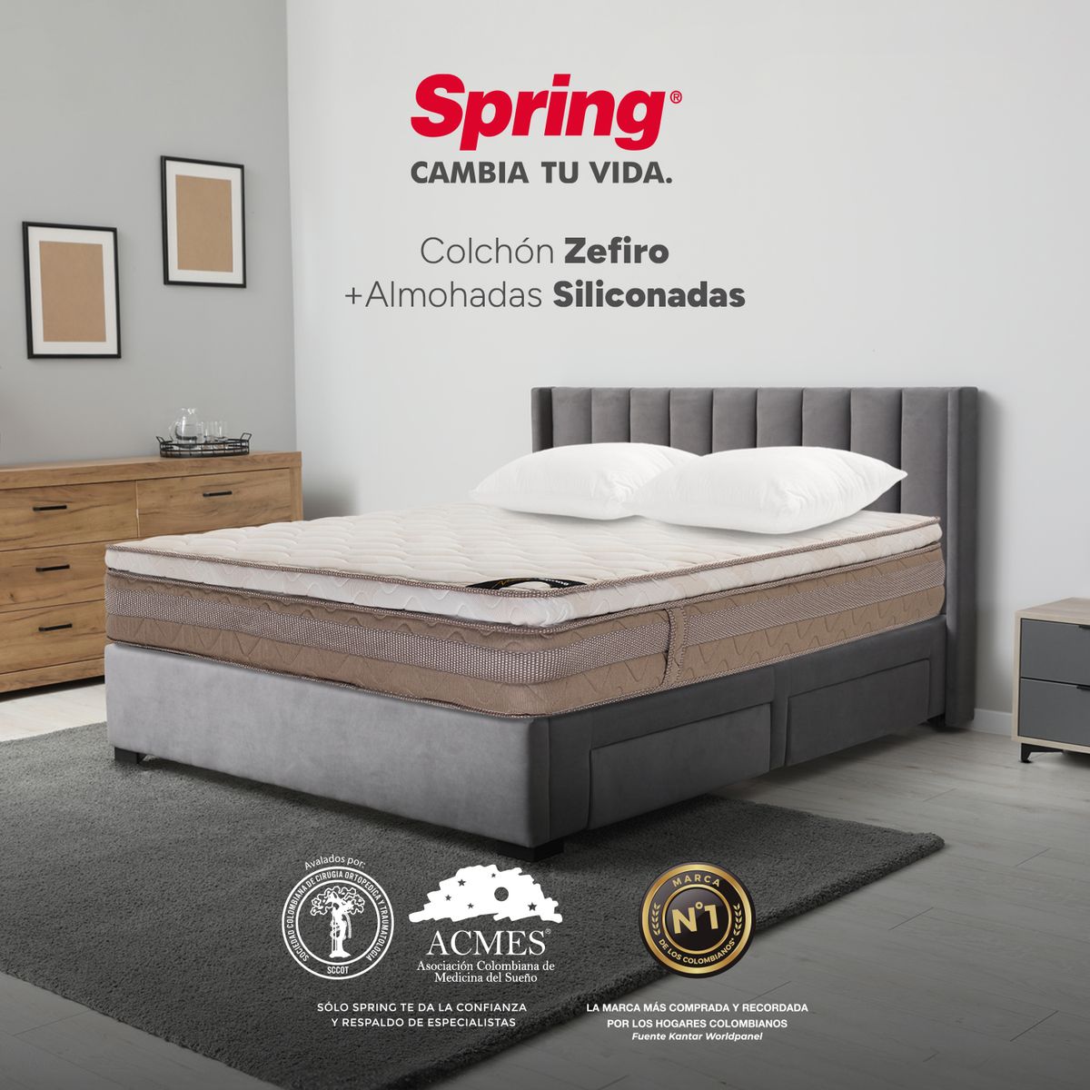 COLCHONES SPRING - Colchón Spring Doble Firmeza Media Ortopédico Resortado Zefiro 140 x 190 cm + 2 Almohadas