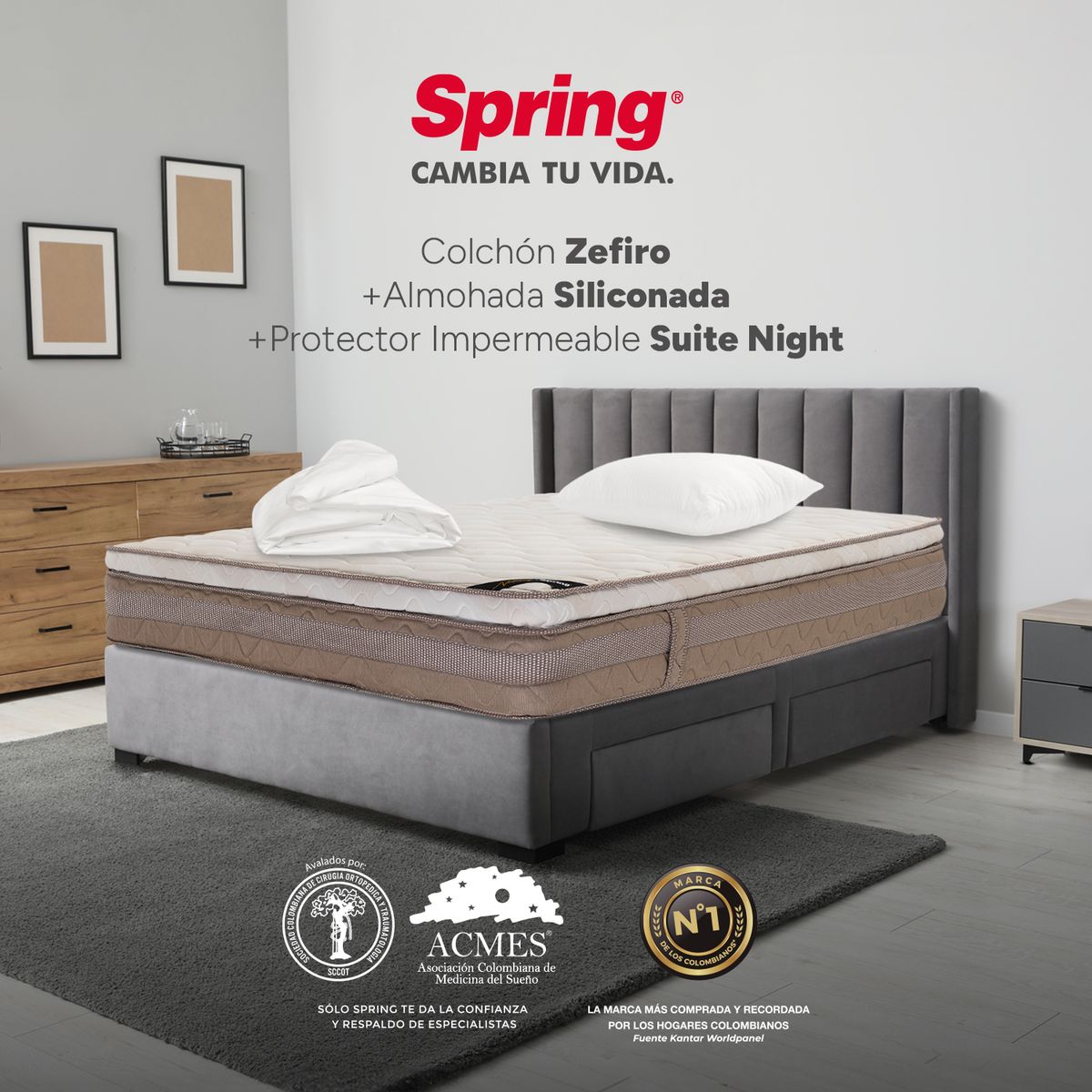COLCHONES SPRING - Colchón Spring Sencillo Firmeza Media Ortopédico Resortado Zefiro 100 x 190 cm + Almohada + Protector