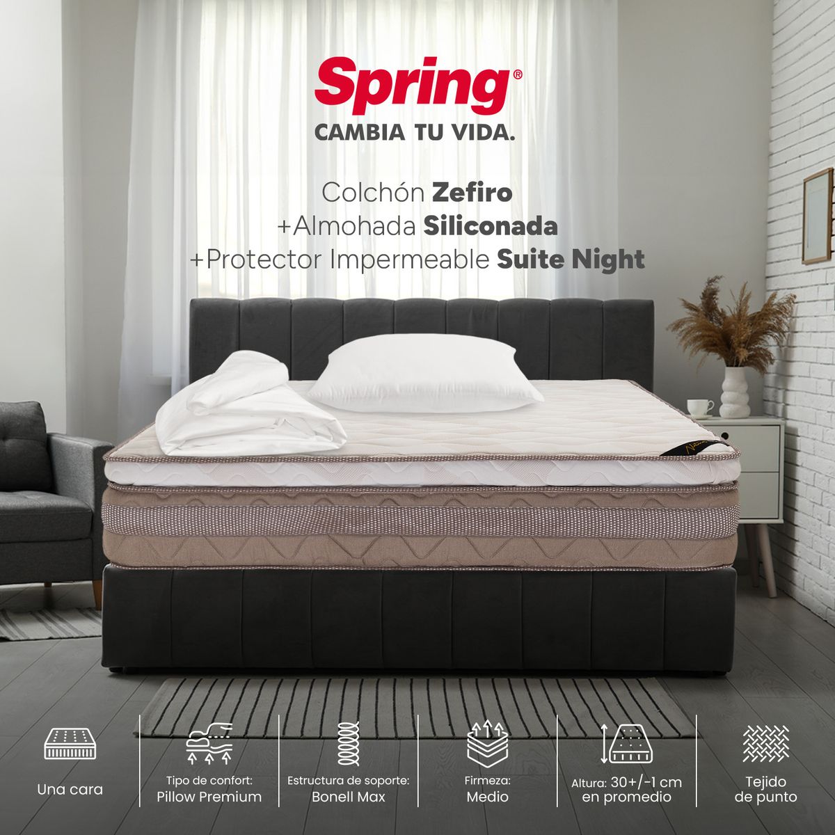 COLCHONES SPRING - Colchón Spring Semidoble Firmeza Media Ortopédico Resortado Zefiro 120 x 190 cm + Almohada + Protector