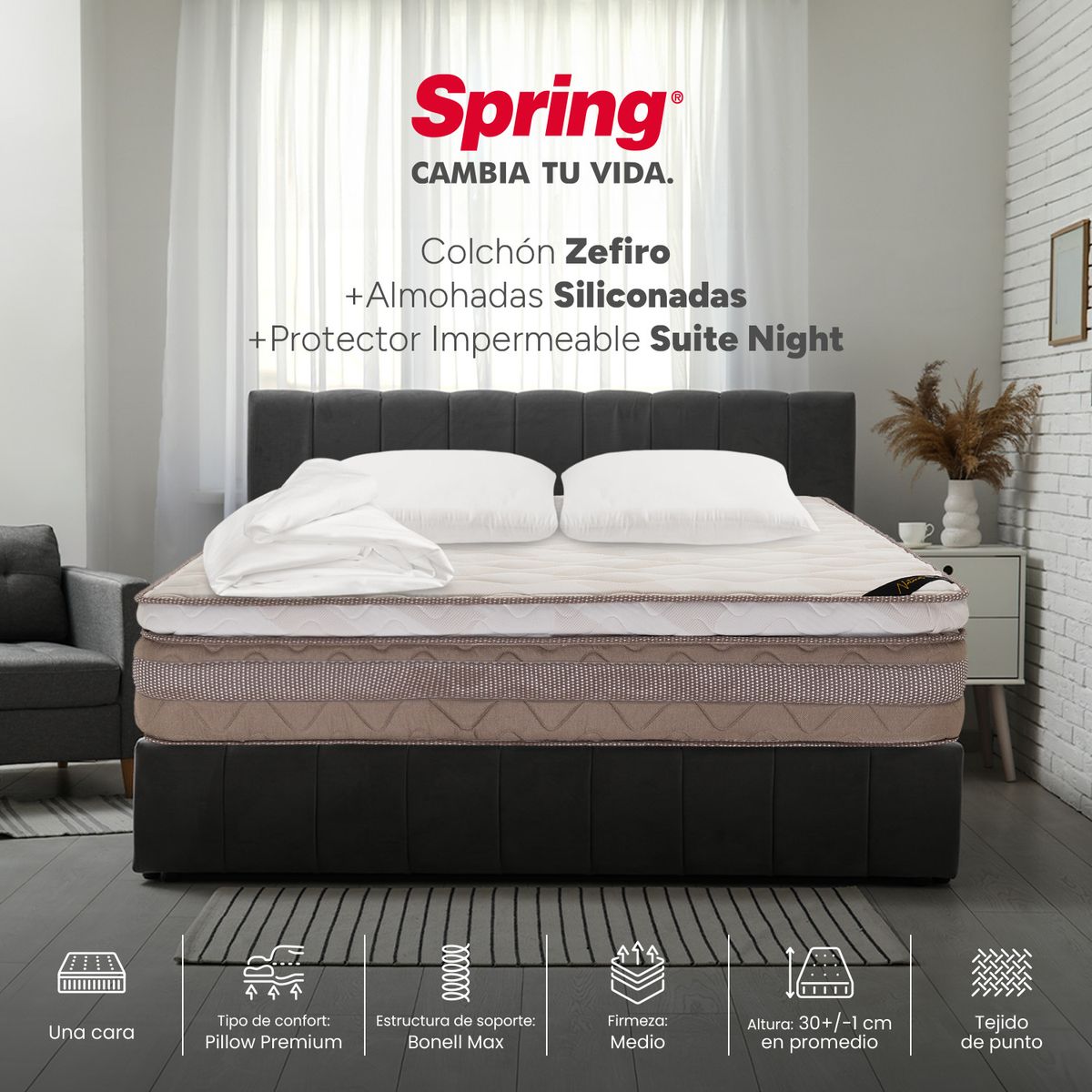 COLCHONES SPRING - Colchón Spring Doble Firmeza Media Ortopédico Resortado Zefiro 140 x 190 cm + 2 Almohadas + Protector