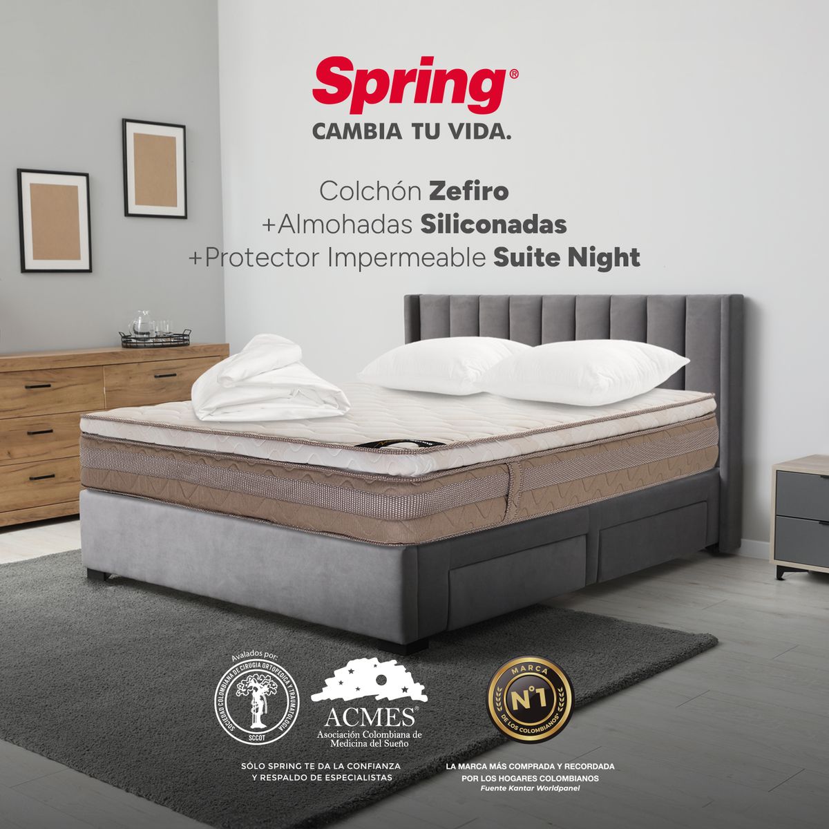 COLCHONES SPRING - Colchón Spring Doble Firmeza Media Ortopédico Resortado Zefiro 140 x 190 cm + 2 Almohadas + Protector