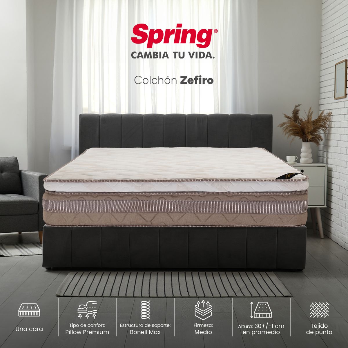 COLCHONES SPRING - Colchón Spring Doble Firmeza Media Ortopédico Resortado Zefiro 140 x 190 cm