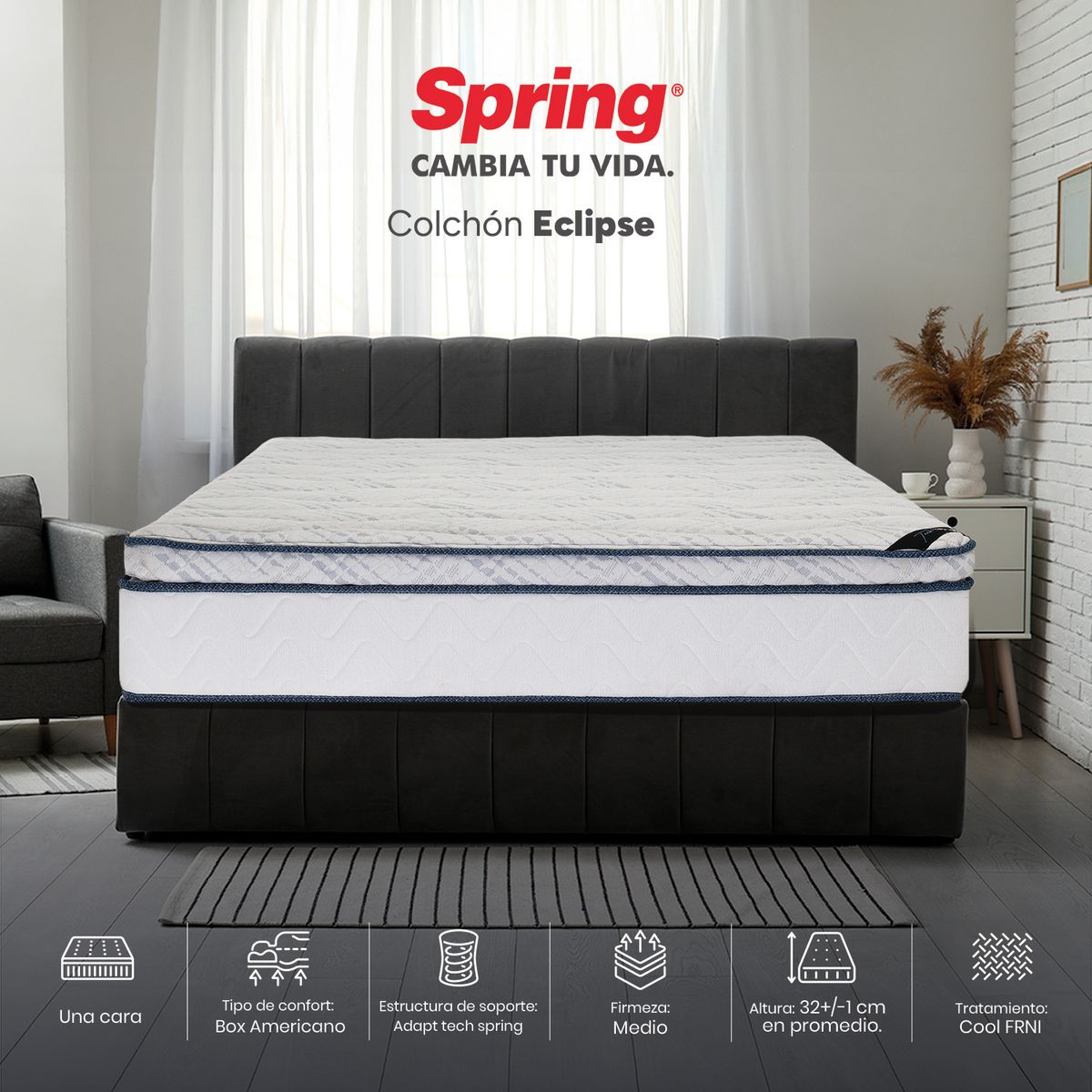 COLCHONES SPRING - Colchón Spring Queen Firmeza Media Ortopédico Resortado Eclipse 160 x 190 cm