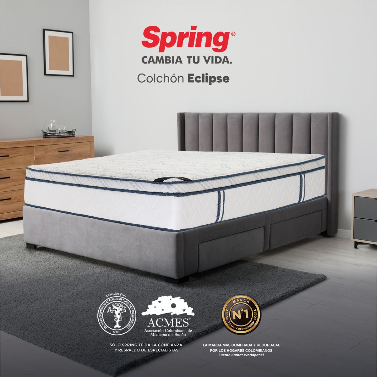 COLCHONES SPRING - Colchón Spring Queen Firmeza Media Ortopédico Resortado Eclipse 160 x 190 cm