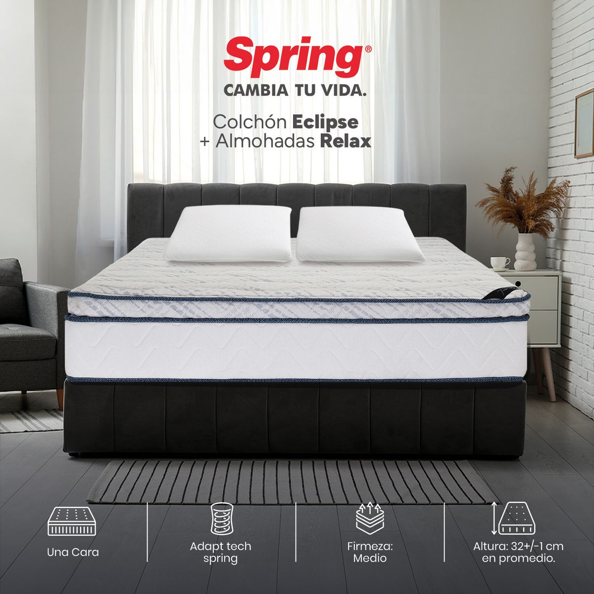COLCHONES SPRING - Colchón Spring Doble Firmeza Media Ortopédico Resortado Eclipse 140 x 190 cm + 2 Almohadas