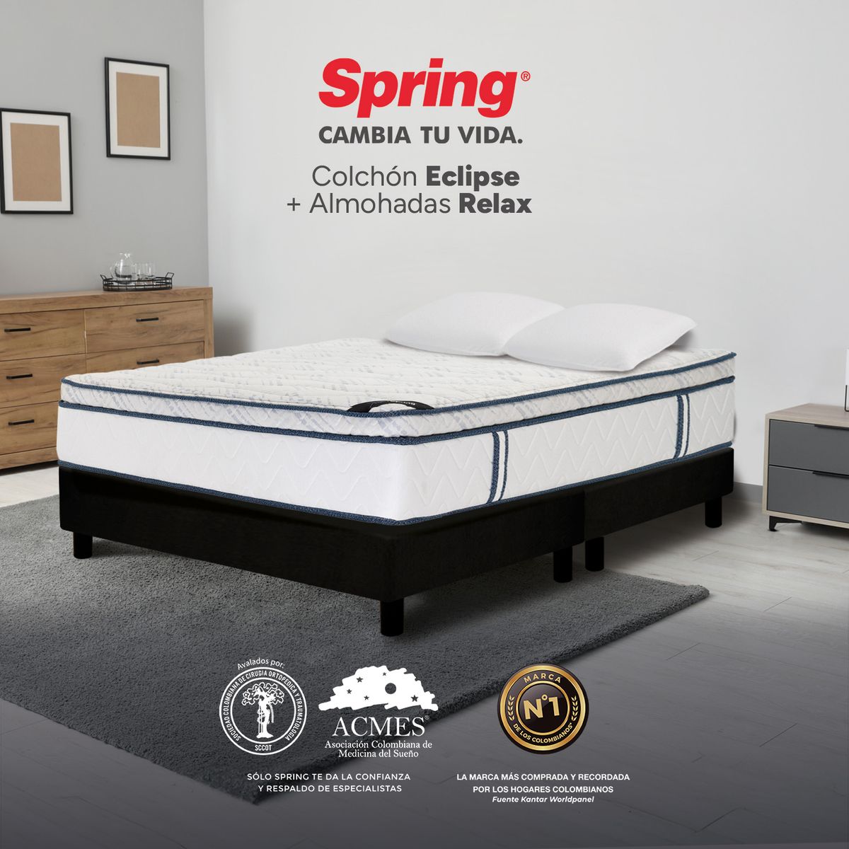 COLCHONES SPRING - Colchón Spring Doble Firmeza Media Ortopédico Resortado Eclipse 140 x 190 cm + 2 Almohadas