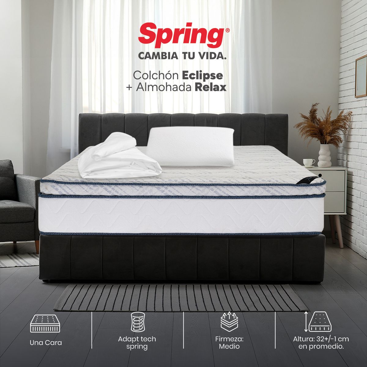 COLCHONES SPRING - Colchón Spring Sencillo Firmeza Media Ortopédico Resortado Eclipse 100 x 190 cm + Almohada + Protector