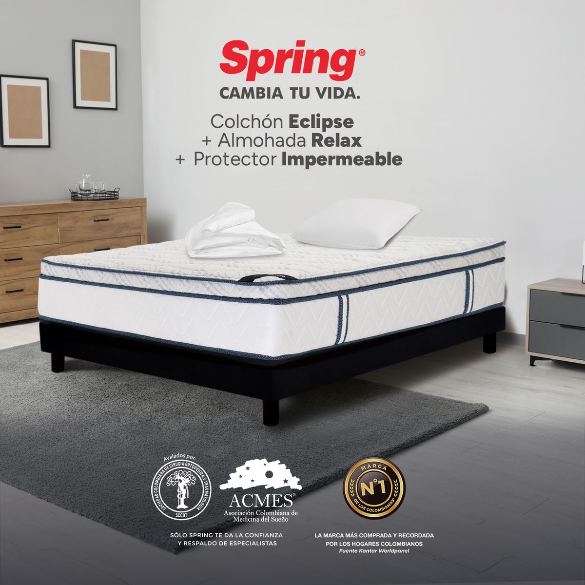 COLCHONES SPRING - Colchón Spring Sencillo Firmeza Media Ortopédico Resortado Eclipse 100 x 190 cm + Almohada + Protector