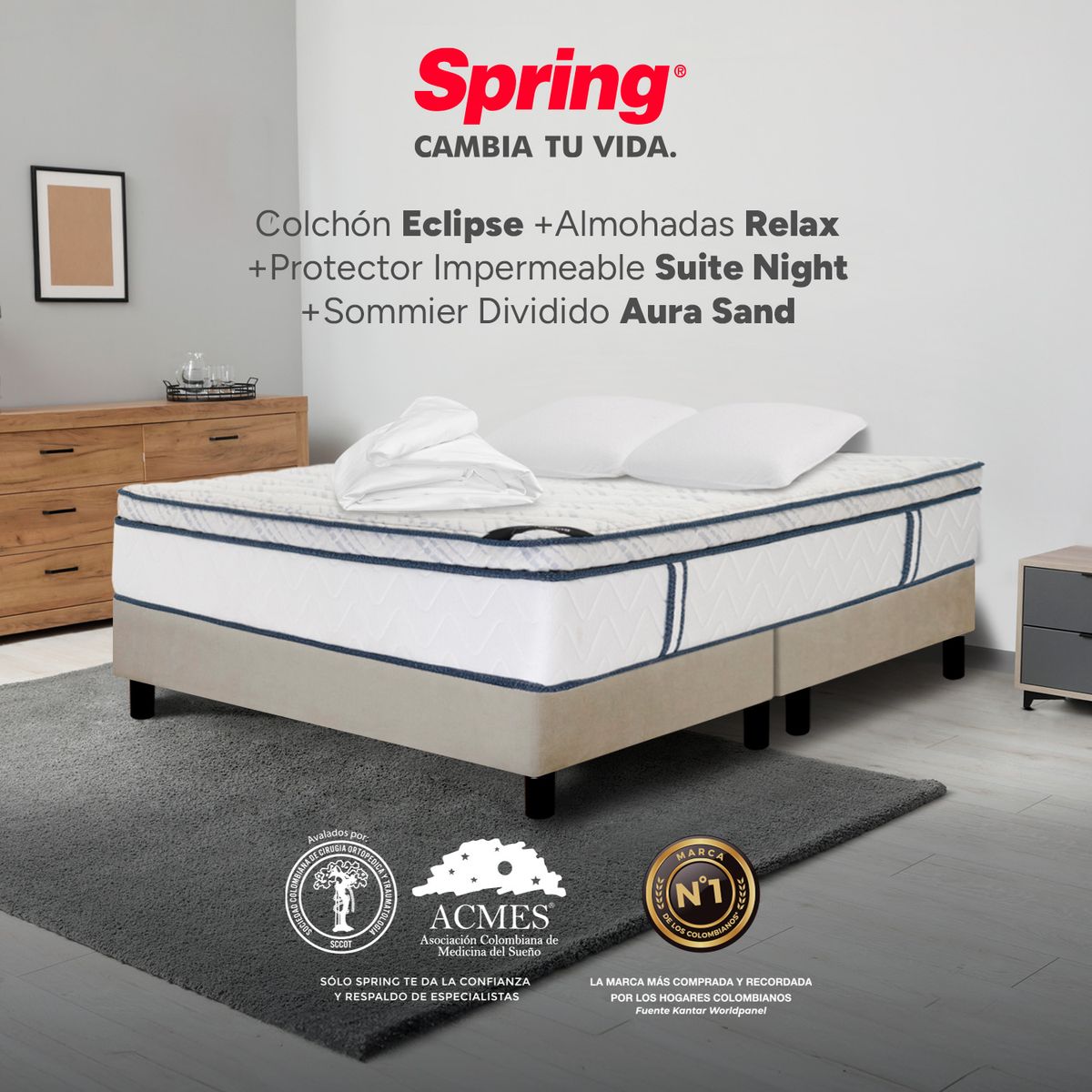 COLCHONES SPRING - Colchón Spring Queen Con Base Cama Firmeza Media Ortopédico Resortado Eclipse 160 x 190 cm + 2 Almohadas + Protector