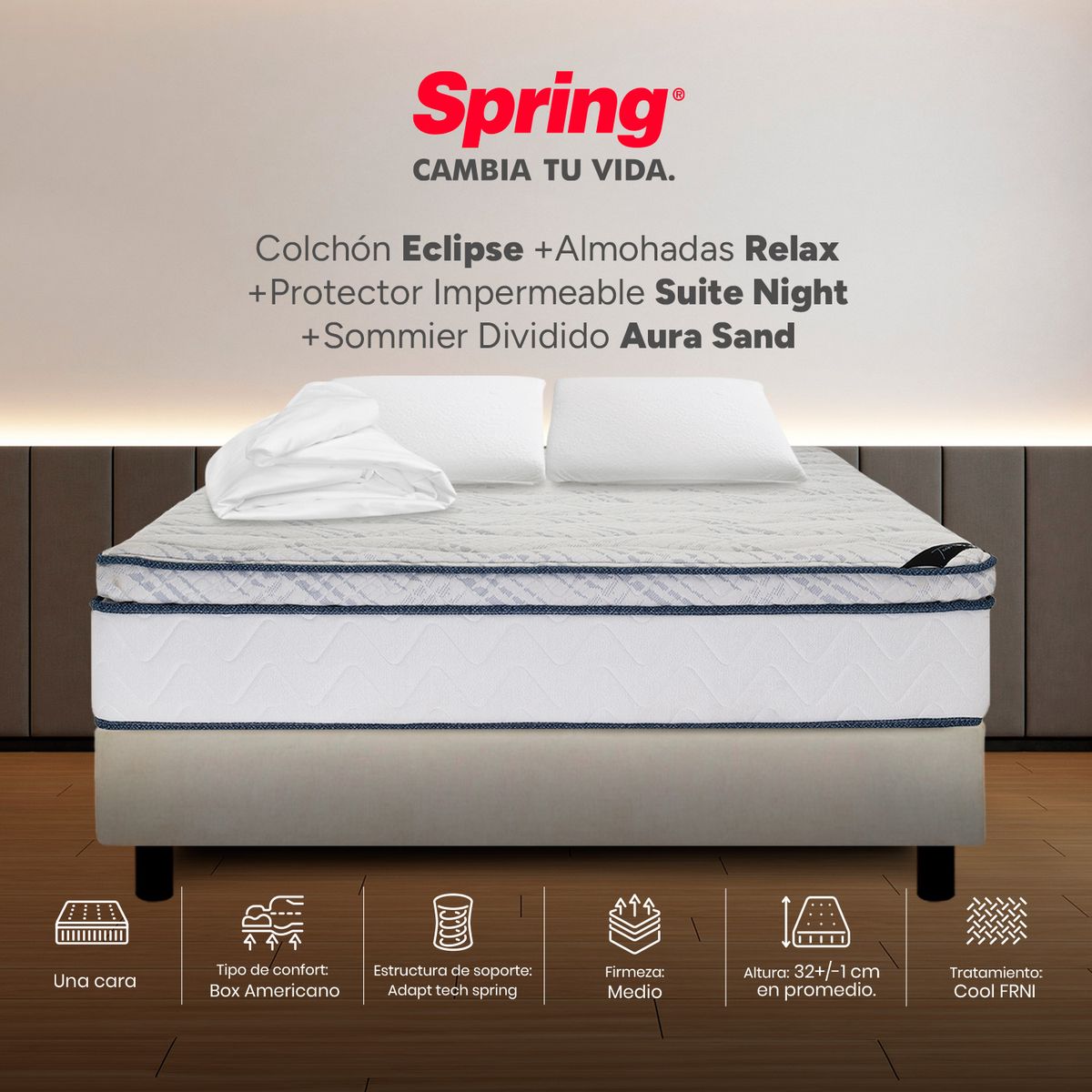 COLCHONES SPRING - Colchón Spring King Con Base Cama Firmeza Media Ortopédico Resortado Eclipse 200 x 200 cm + 2 Almohadas + Protector