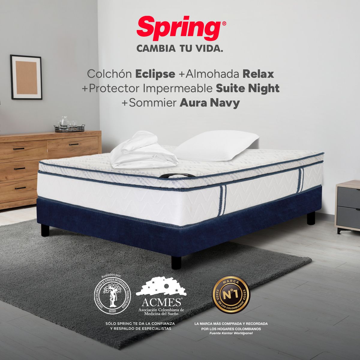 COLCHONES SPRING - Colchón Spring Sencillo Con Base Cama Firmeza Media Ortopédico Resortado Eclipse 100 x 190 cm + Almohada + Protector