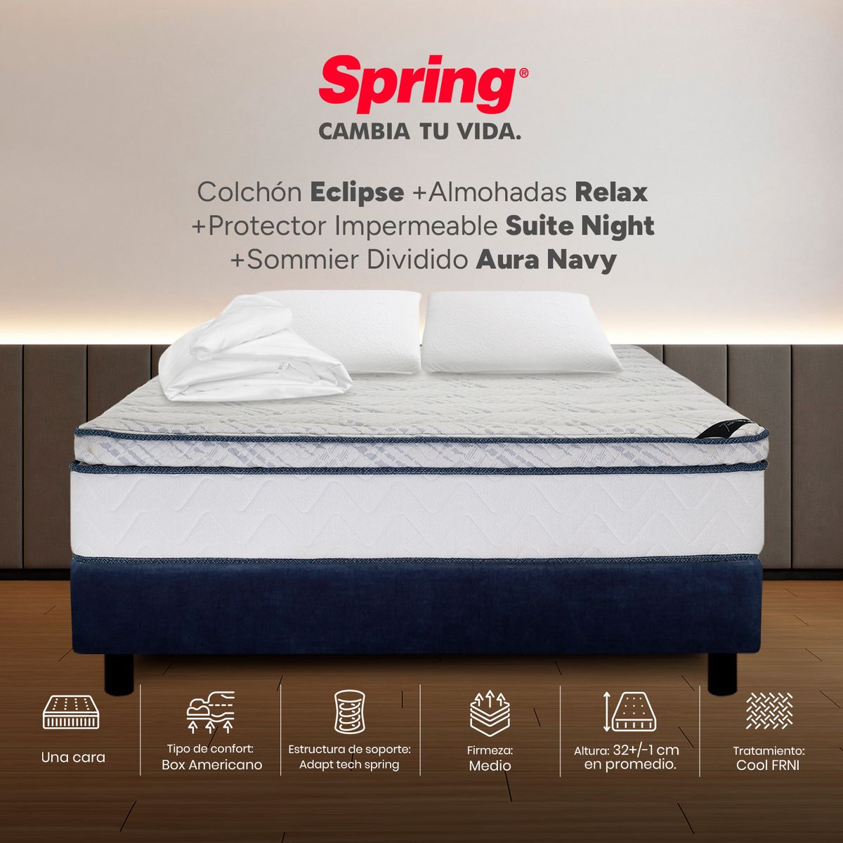 COLCHONES SPRING - Colchón Spring King Con Base Cama Firmeza Media Ortopédico Resortado Eclipse 200 x 200 cm + 2 Almohadas + Protector