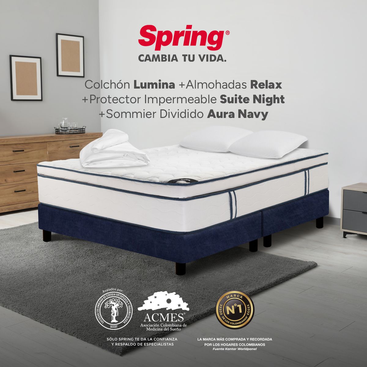 COLCHONES SPRING - Colchón Spring King Con Base Cama Firmeza Media Ortopédico Resortado Eclipse 200 x 200 cm + 2 Almohadas + Protector