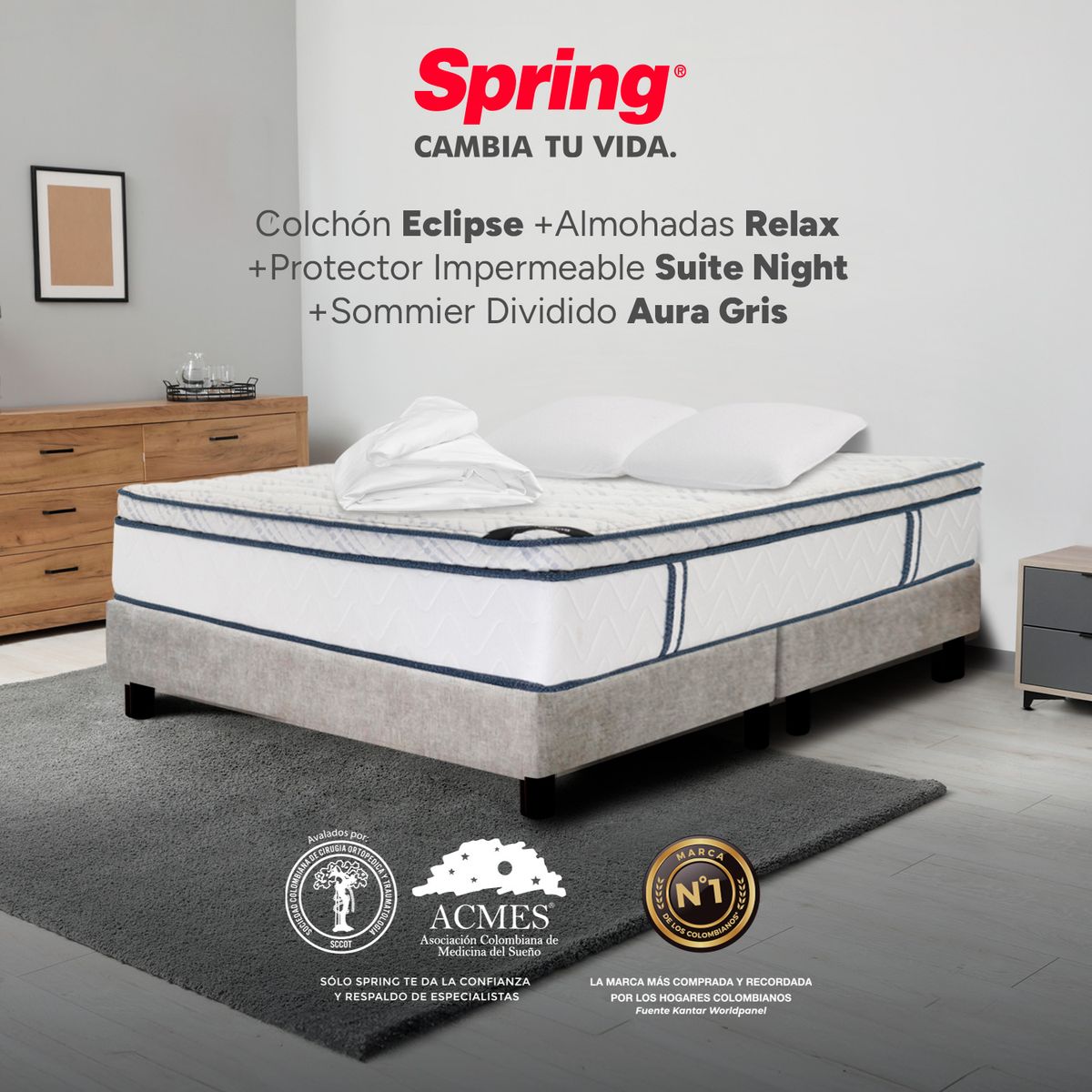 COLCHONES SPRING - Colchón Spring Queen Con Base Cama Firmeza Media Ortopédico Resortado Eclipse 160 x 190 cm + 2 Almohadas + Protector