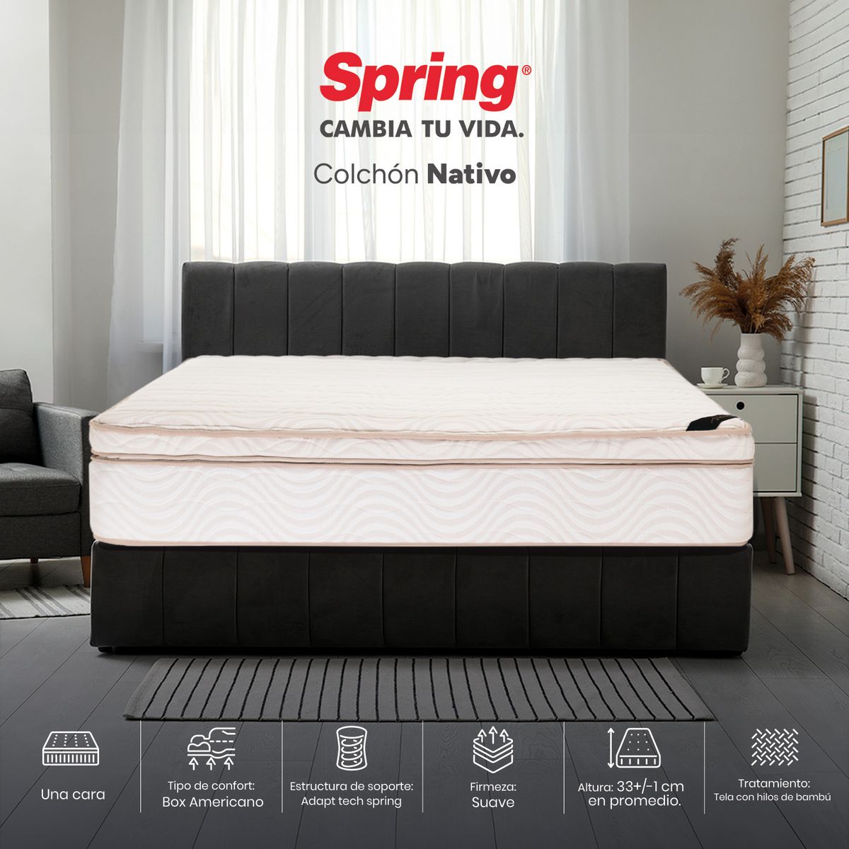 COLCHONES SPRING - Colchón Spring Sencillo Firmeza Suave Ortopédico Resortado Nativo 100 x 190 cm