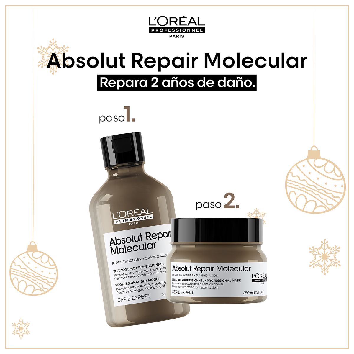 LOREAL PROFESSIONNEL - Tratamiento capilar Pack Navidad: Absolut Repair Molecular Kit Reparación + cosmetiquera LOREAL PROFESSIONNEL