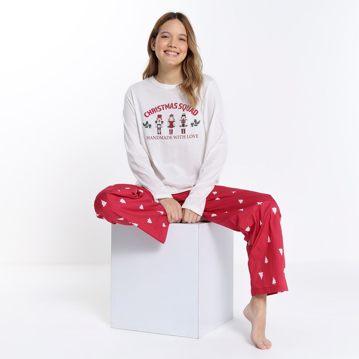 SYBILLA - Pijama Navideña completa con pantalón para Mujer Manga larga de Algodón Sybilla