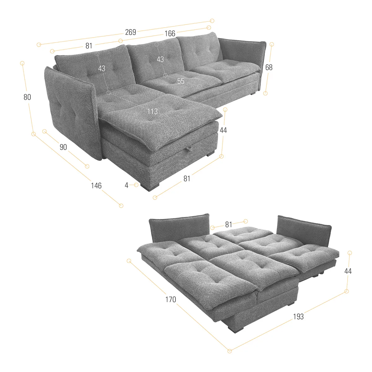 MICA - Sofá en L con Baúl 269x146x80 Narbonne en Tela Poliester